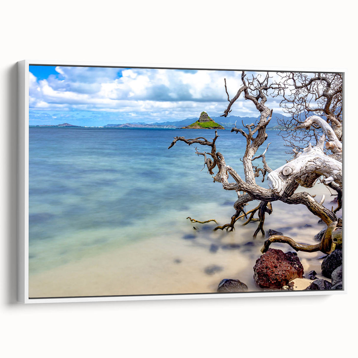 Vintage poster art of Oahu, Hawaii, featuring colorful imagery on a large framed canvas, ideal for living room decor.