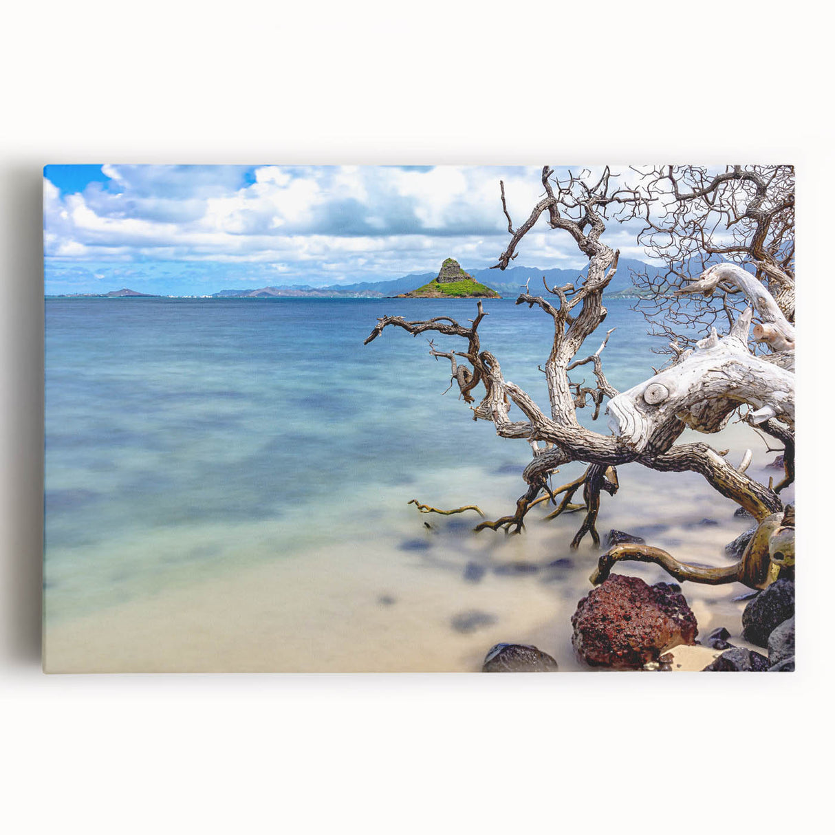 Black and white photograph of Oahu, Hawaii on stretched canvas, ideal for kitchen wall art.