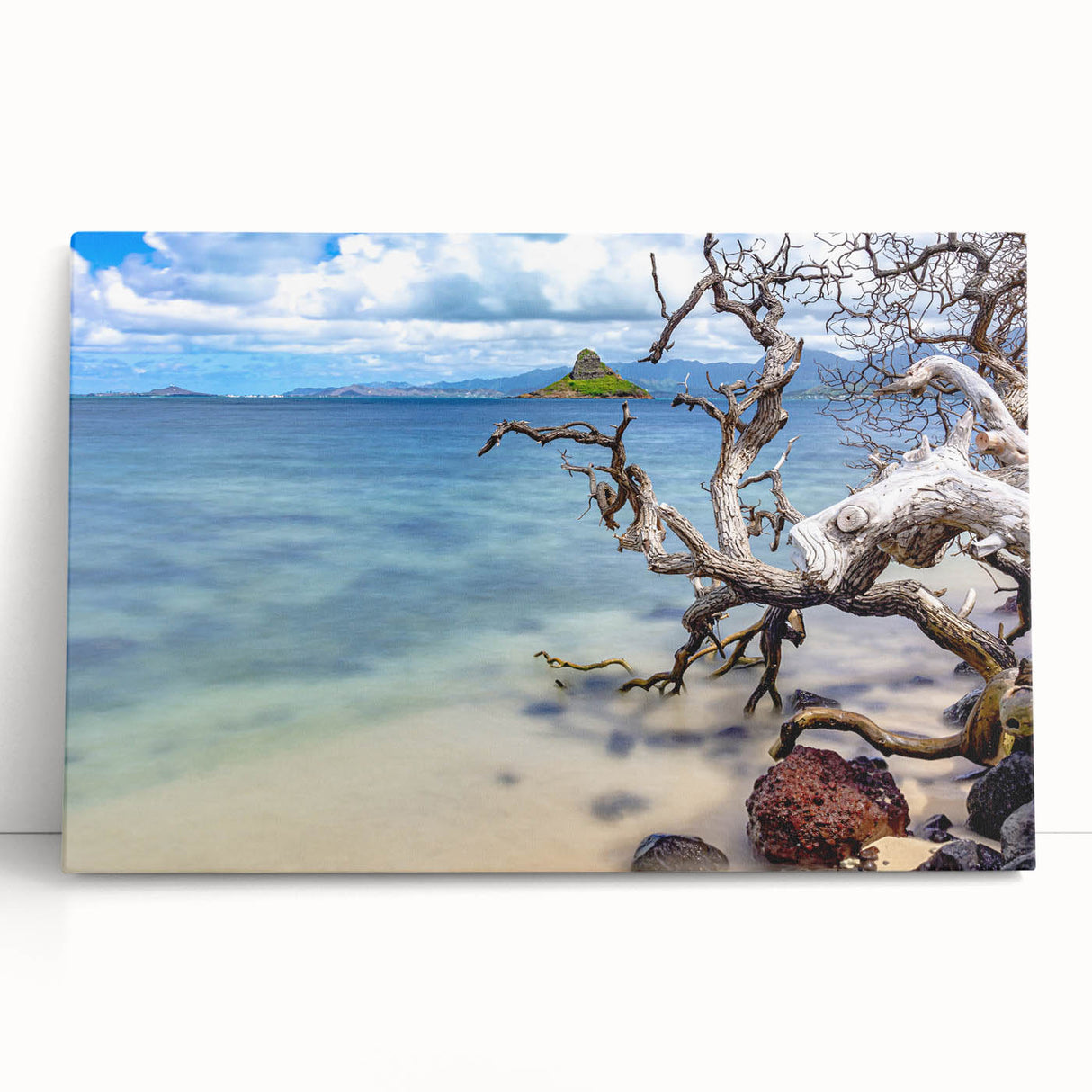 Black and white photo of Oahu's coastline on stretched canvas, ideal for kitchen wall art or bedroom ambiance.