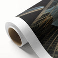 Art Deco style poster of Chicago skyline in muted blue and gray tones, rolled canvas, ideal for nursery wall art.