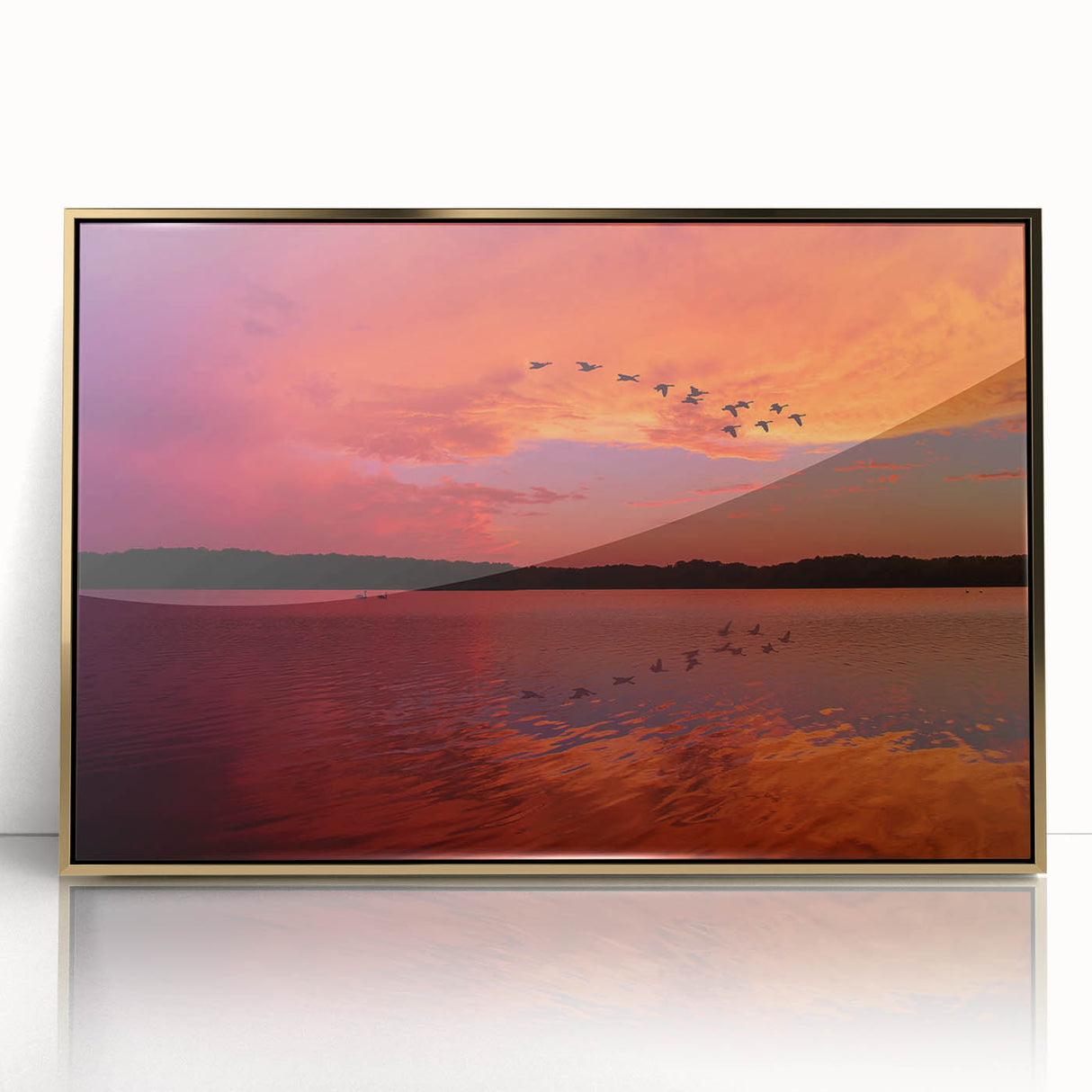 Large art print of Lake Michigan with muted blue and gold tones on a framed acrylic, ideal for modern art wall decor.
