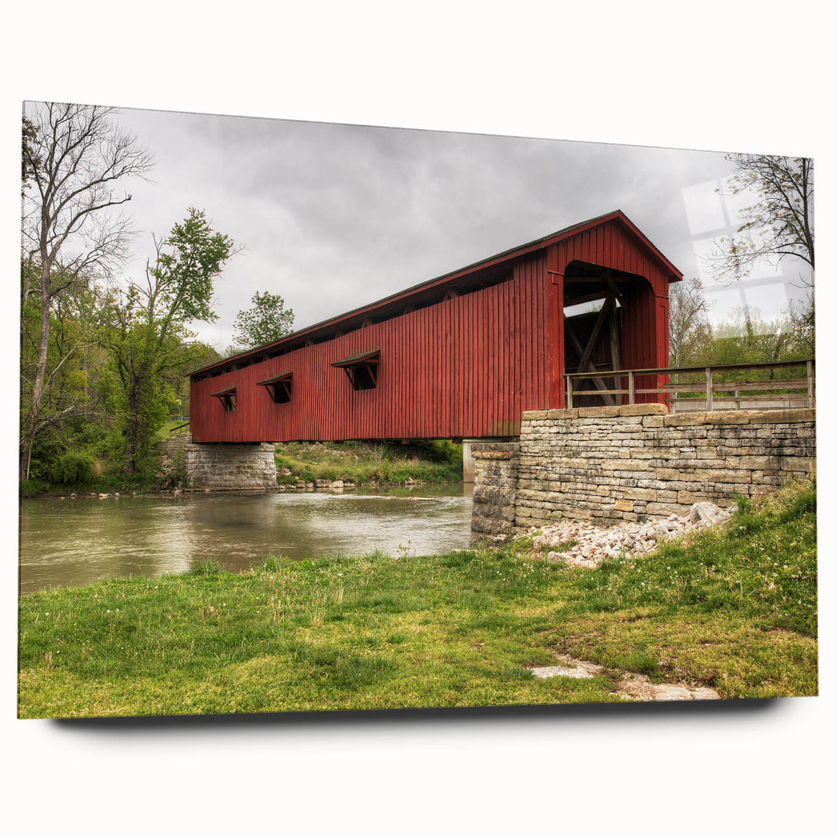 Large abstract wall art depicting Indiana scenery in muted earth tones on acrylic glass.
