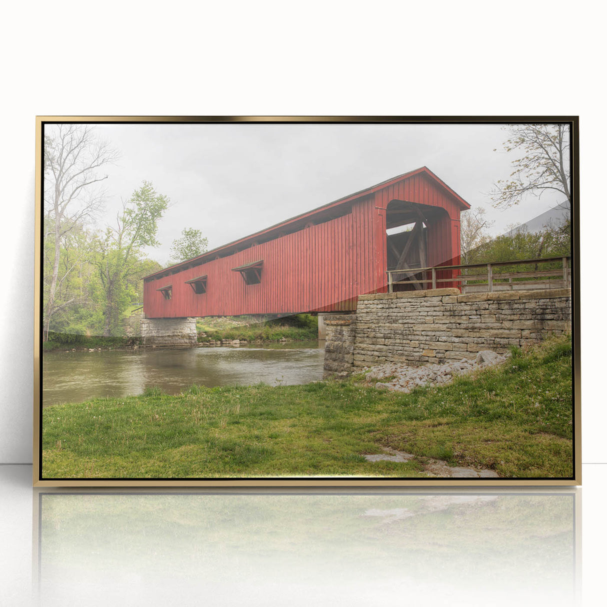Mid-century modernist style acrylic print of Indiana scenery in muted earth tones, ideal for modern art wall decor.