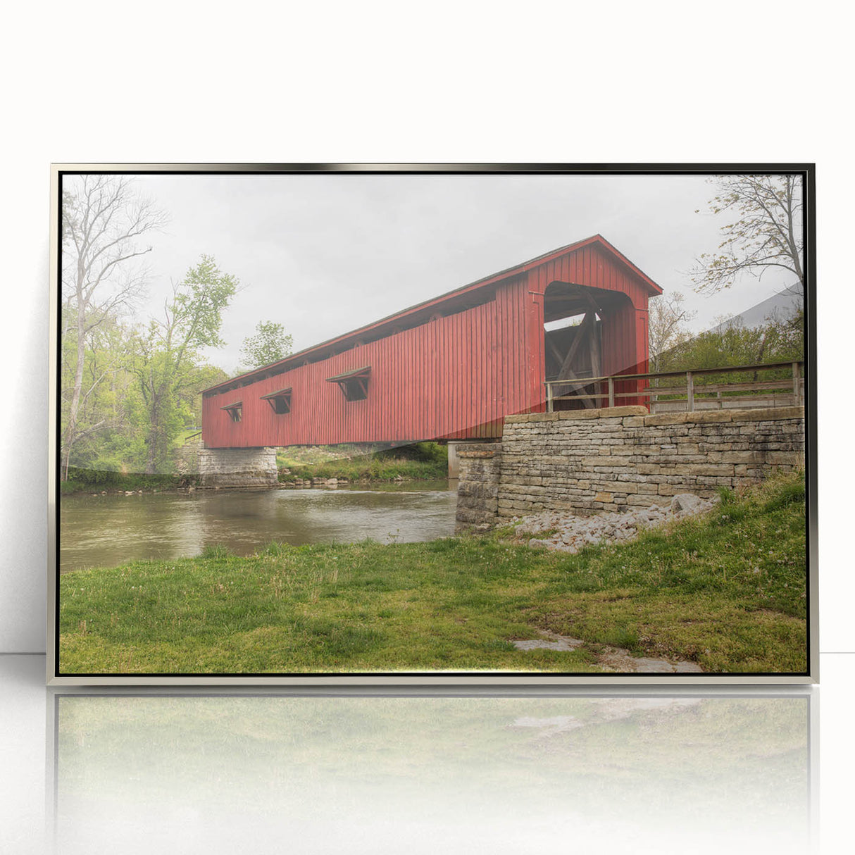 Mid-century modernist art depicting an Indiana landscape in muted earth tones, framed acrylic print.