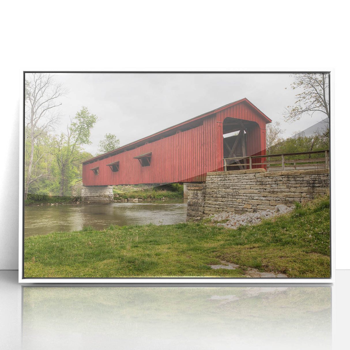 Art deco poster of Indiana landscape in muted greens and blues on framed acrylic, ideal for nursery wall decor.