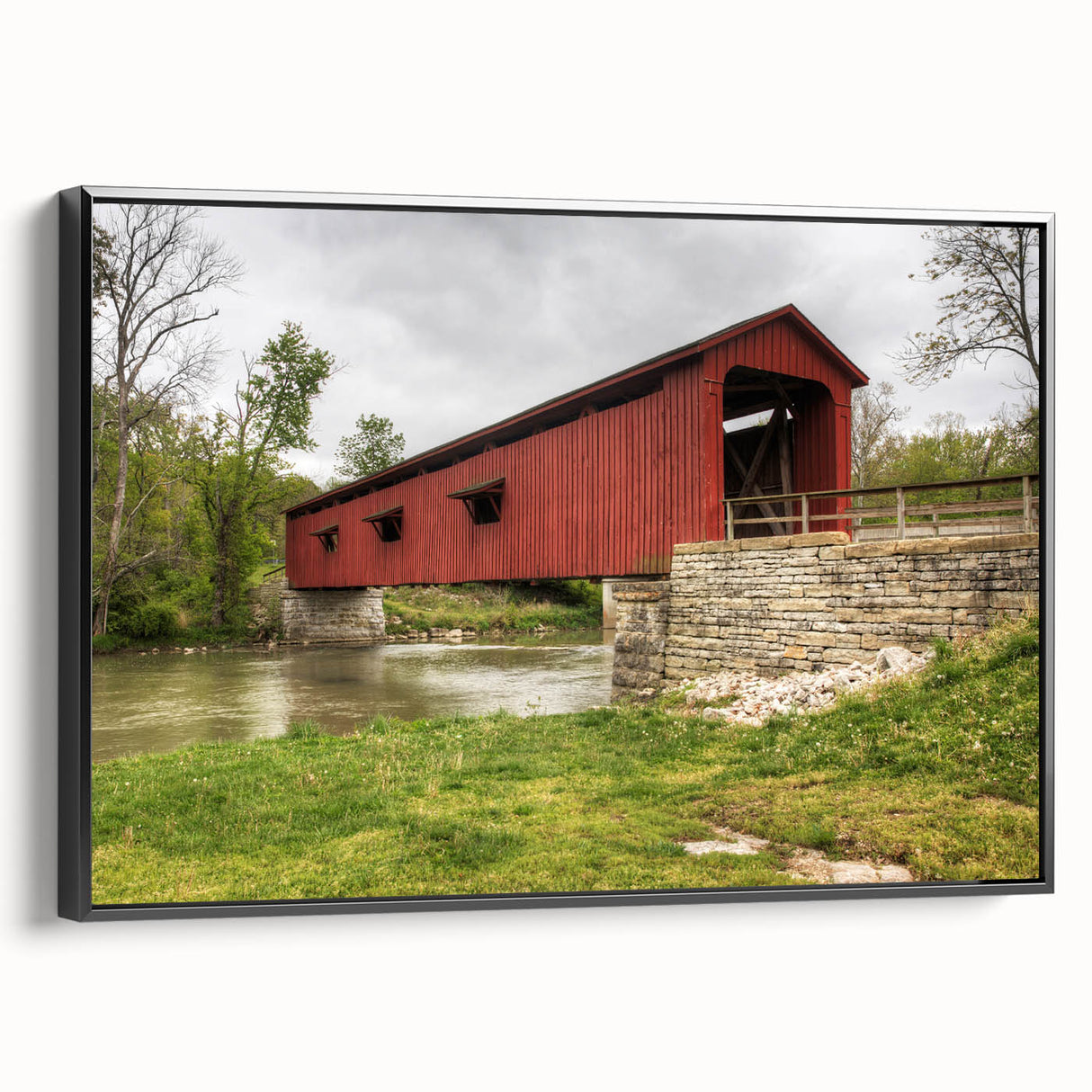 Black and white framed canvas of an Indiana landscape, ideal for bedroom wall decor.