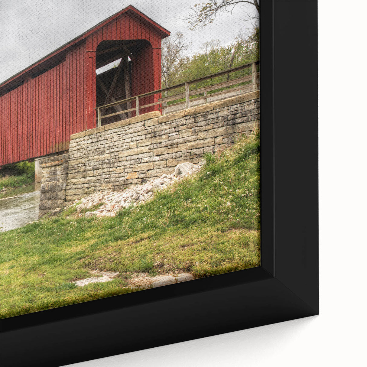 Extra large framed canvas featuring a textured depiction of Indiana scenery in black with colorful art accents.