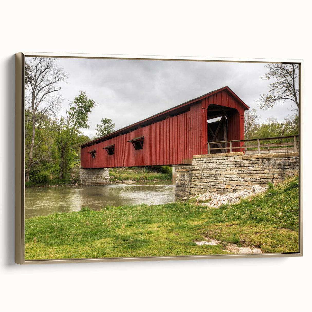Framed canvas featuring a vintage-style Indiana landscape in muted gold and black tones, ideal for bedroom decor.