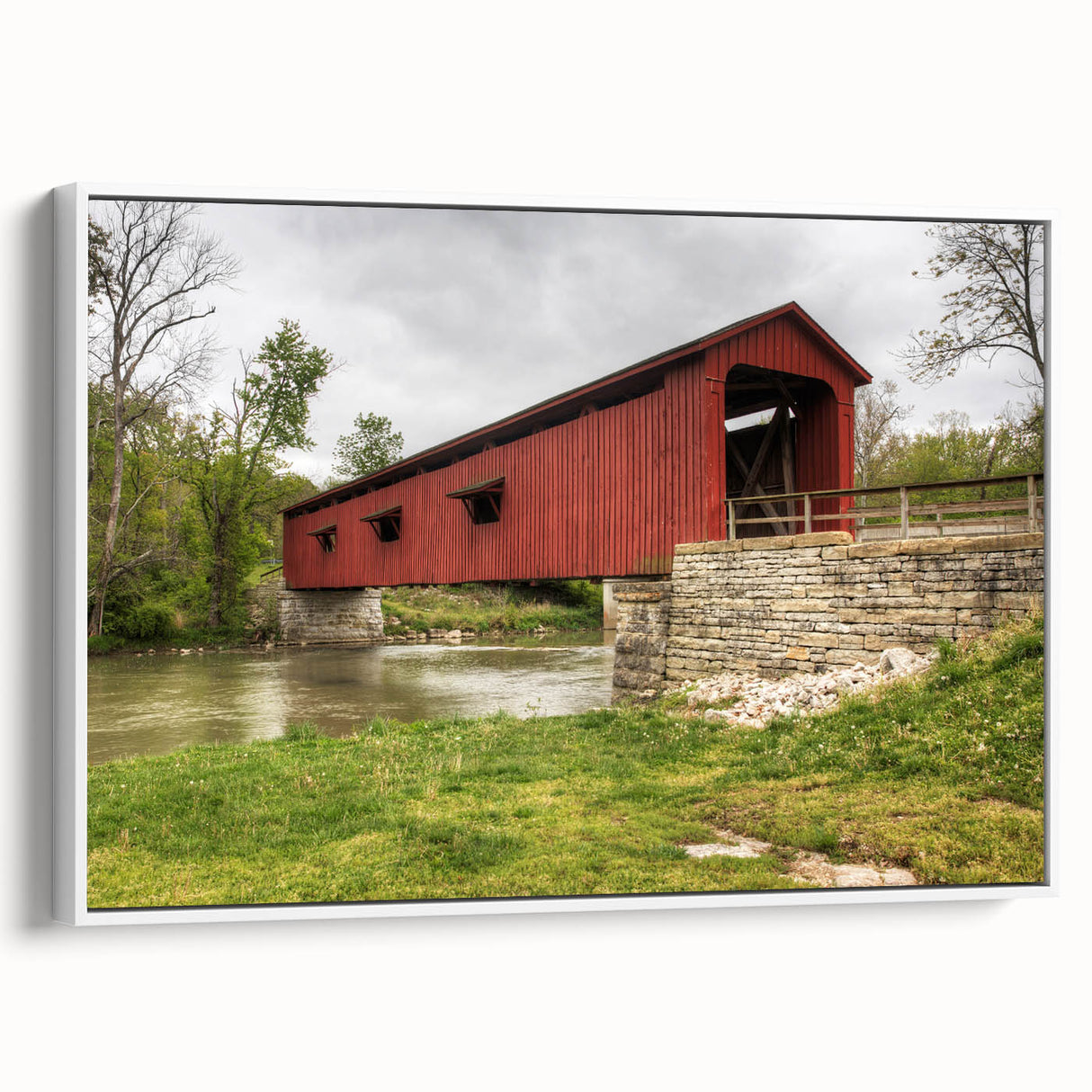 Vintage poster art of Indiana scenery on extra large framed canvas, featuring colorful art against a black background.