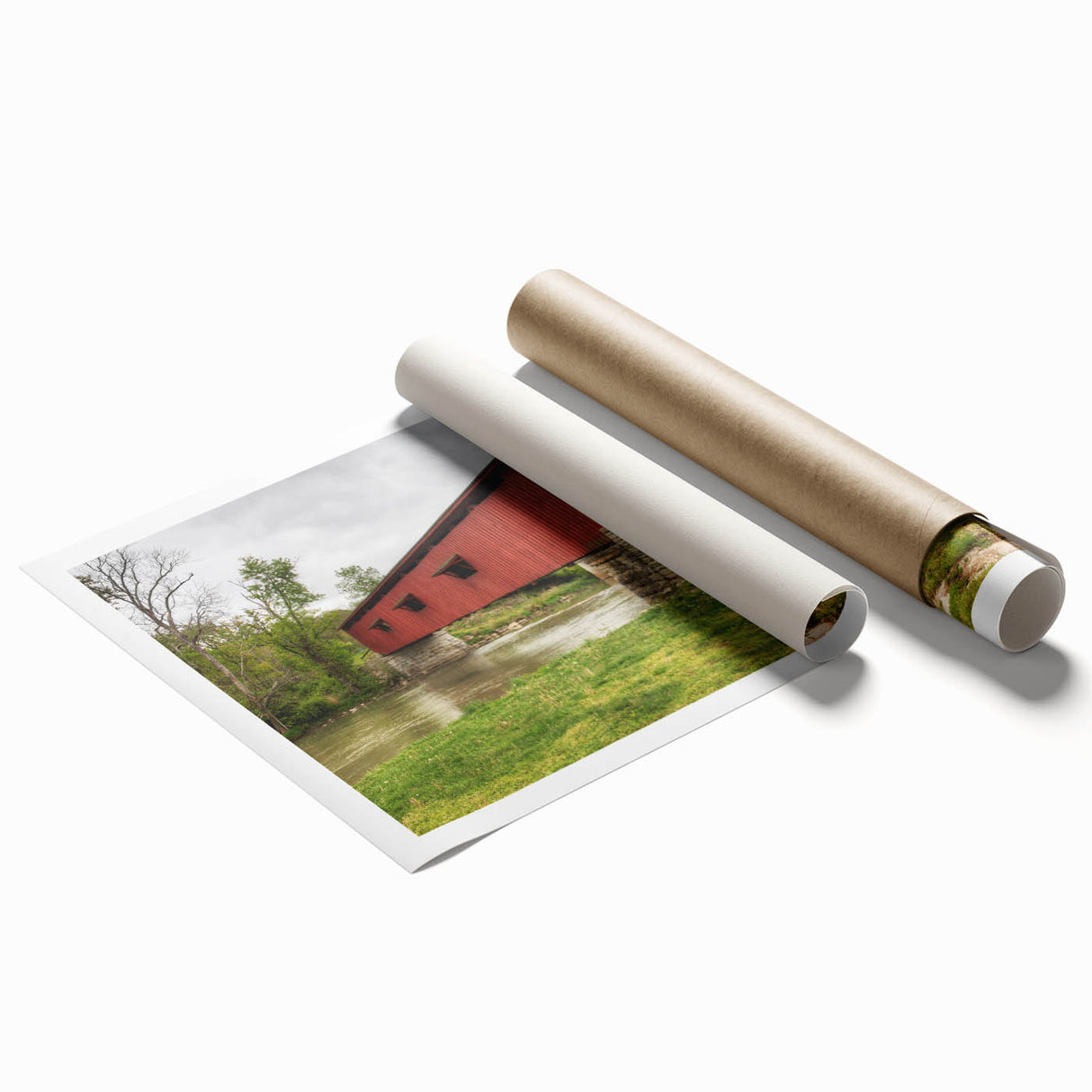 Large rolled print of an Indiana landscape with soft floral elements, muted earth tones, ideal for bathroom decor.