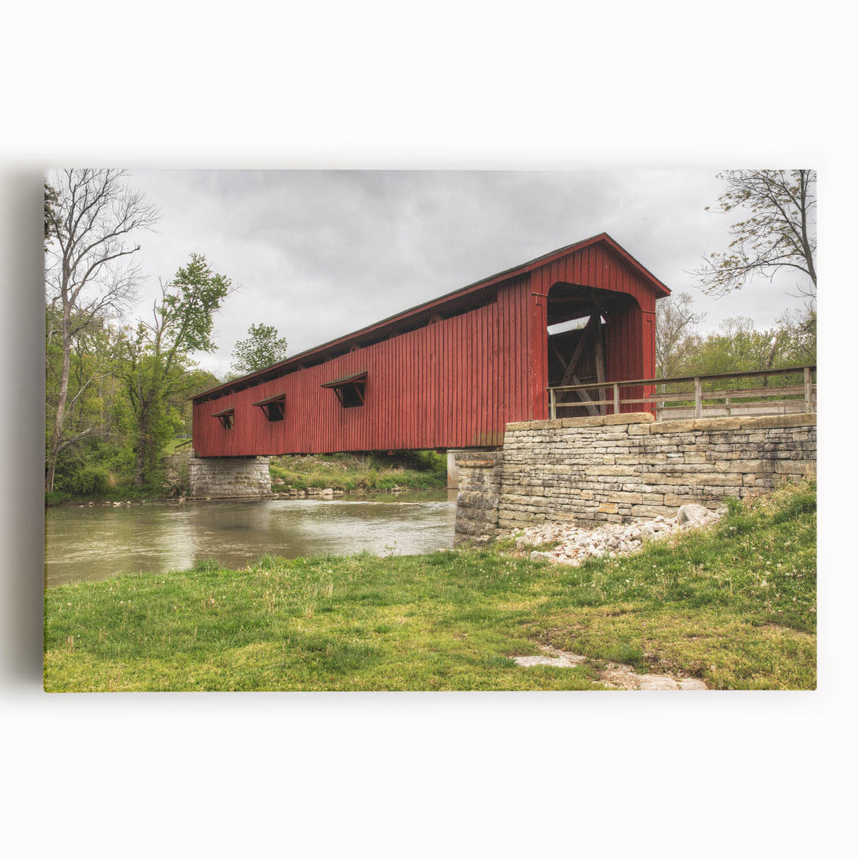 Black and white photograph of Indiana landscape on stretched canvas, ideal for kitchen wall art.