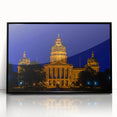 Large abstract wall art of a serene Iowa landscape in muted green and blue tones, framed in black acrylic.