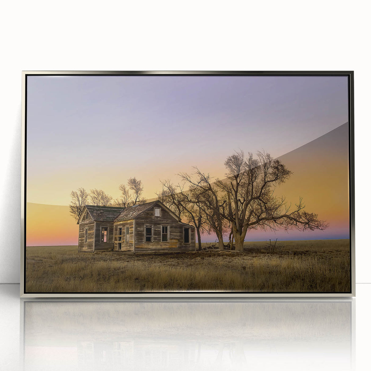Mid-century modernist art depicting Kansas scenery in muted earth tones on a silver-framed acrylic print.