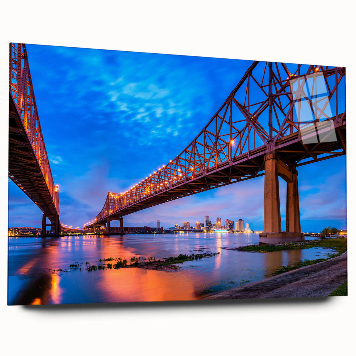 Large abstract wall art of New Orleans skyline in muted earth tones on acrylic glass, ideal for bedroom or dining room decor.