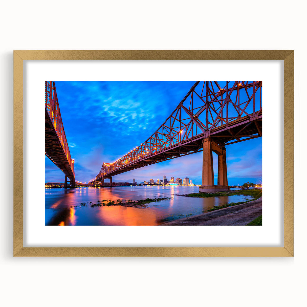 Extra large abstract art print of New Orleans scenery in vibrant colors on a gold-framed canvas, ideal for living room decor.