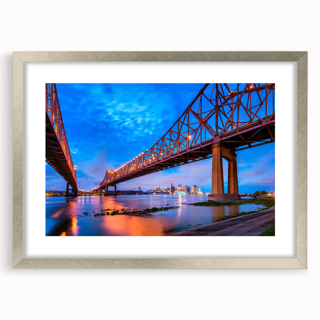 Textured abstract art print of New Orleans skyline in muted gray and blue tones on a framed poster, suitable for bedroom art.