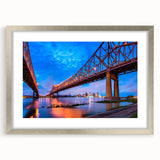 Textured abstract art print of New Orleans skyline in muted gray and blue tones on a framed poster, suitable for bedroom art.