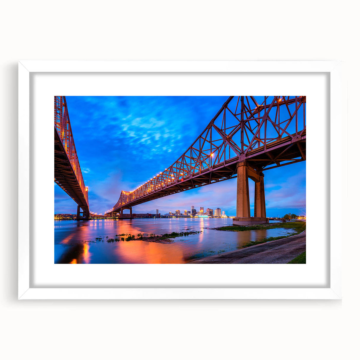Abstract art print of New Orleans scenery in muted green and blue tones on a framed white mat, ideal for dining room decor.