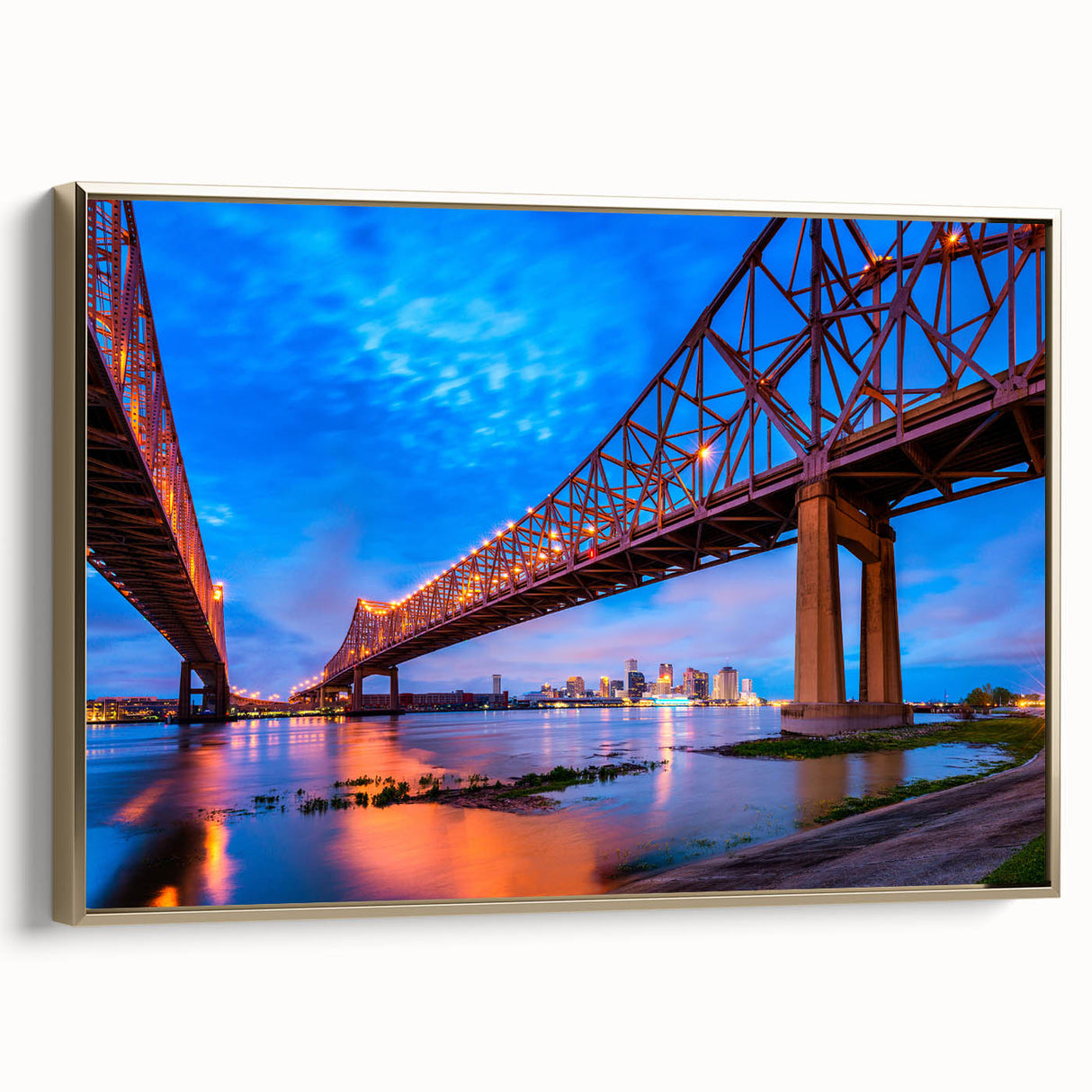 Framed canvas of vintage-style New Orleans landscape in gold and black tones, ideal for bedroom wall art.