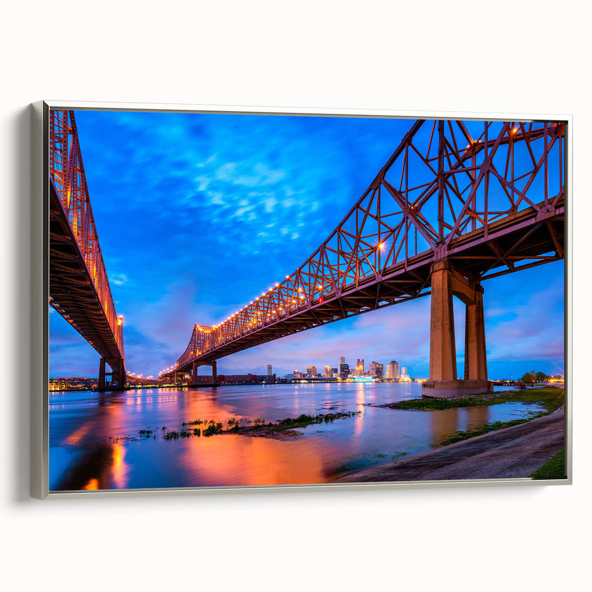 Framed canvas depicting a vintage-style New Orleans landscape in colorful hues, ideal for living room decor.
