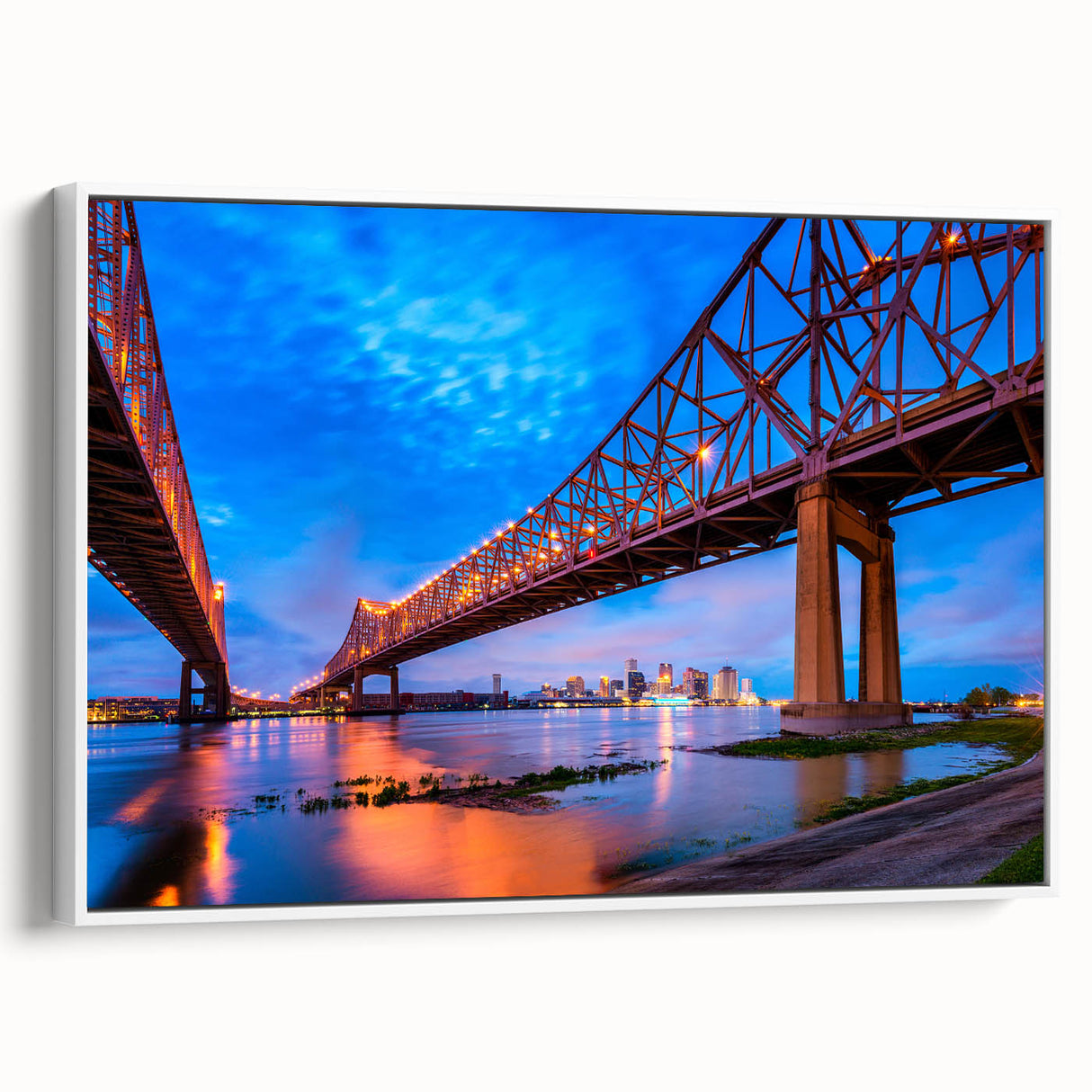Vintage poster art of New Orleans scenery in colorful tones on a white framed canvas, suitable for living room decor.