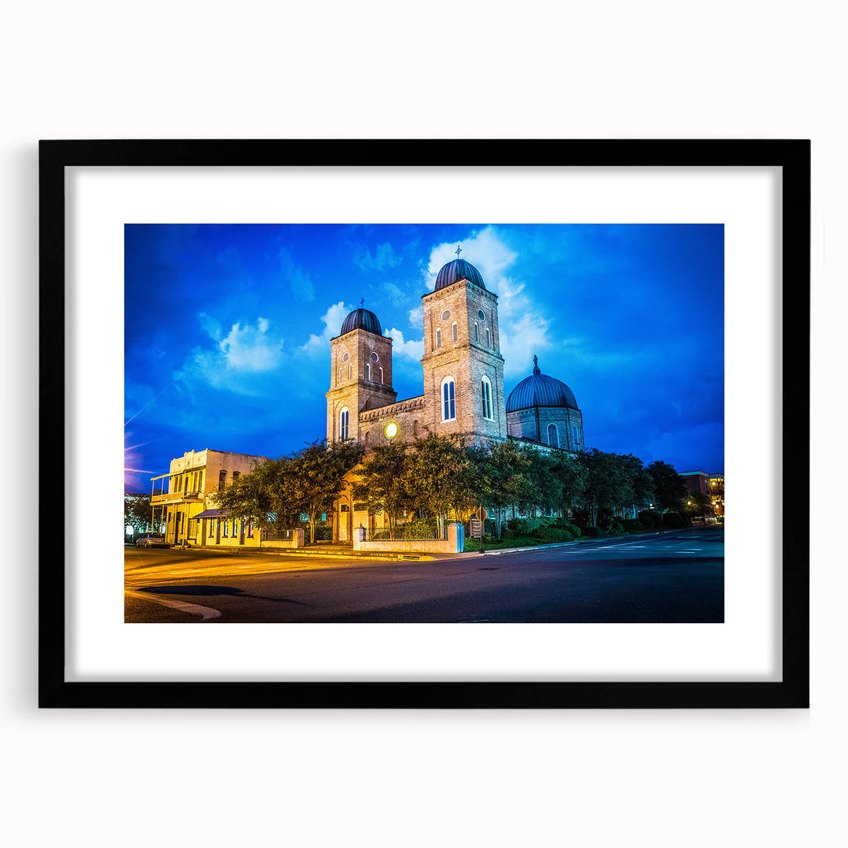 Extra large abstract art print featuring a vibrant, colorful Louisiana landscape on a black framed canvas.