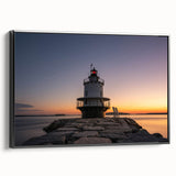 Black and white framed canvas depicting a serene Maine landscape, ideal for bedroom wall decor.
