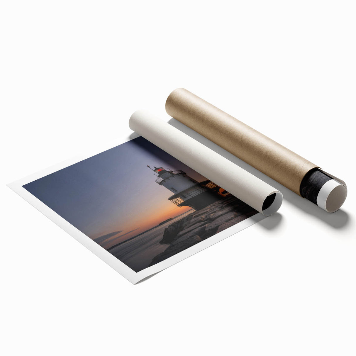 Extra large rolled print of Maine scenery with floral motifs in soft pastel tones.