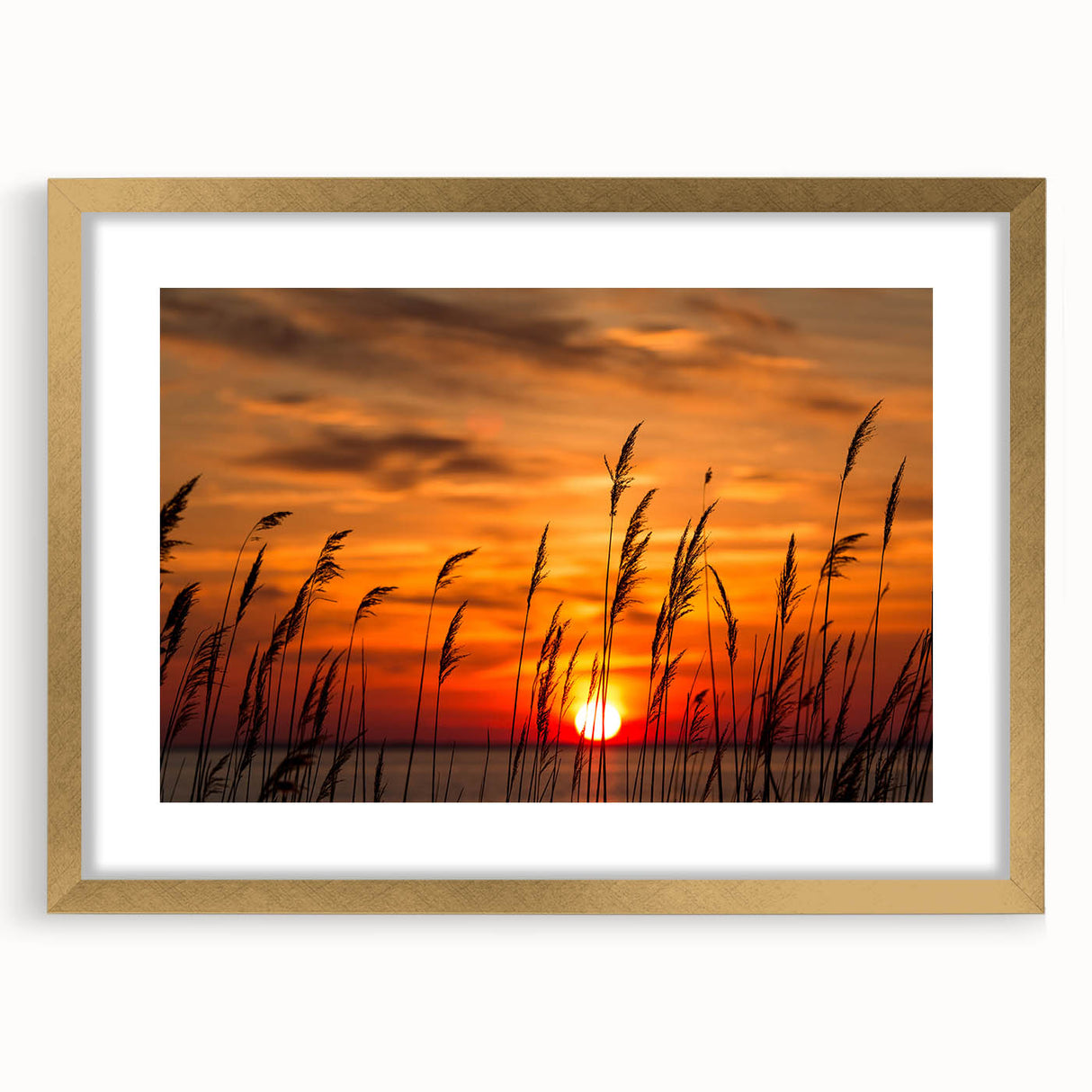 Extra large wall art featuring abstract depiction of Chesapeake Bay in textured blues and greens, framed in gold.