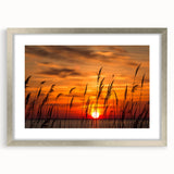 Textured abstract art print of Chesapeake Bay in muted blue and green tones on a framed silver mat, suitable for bedroom art.