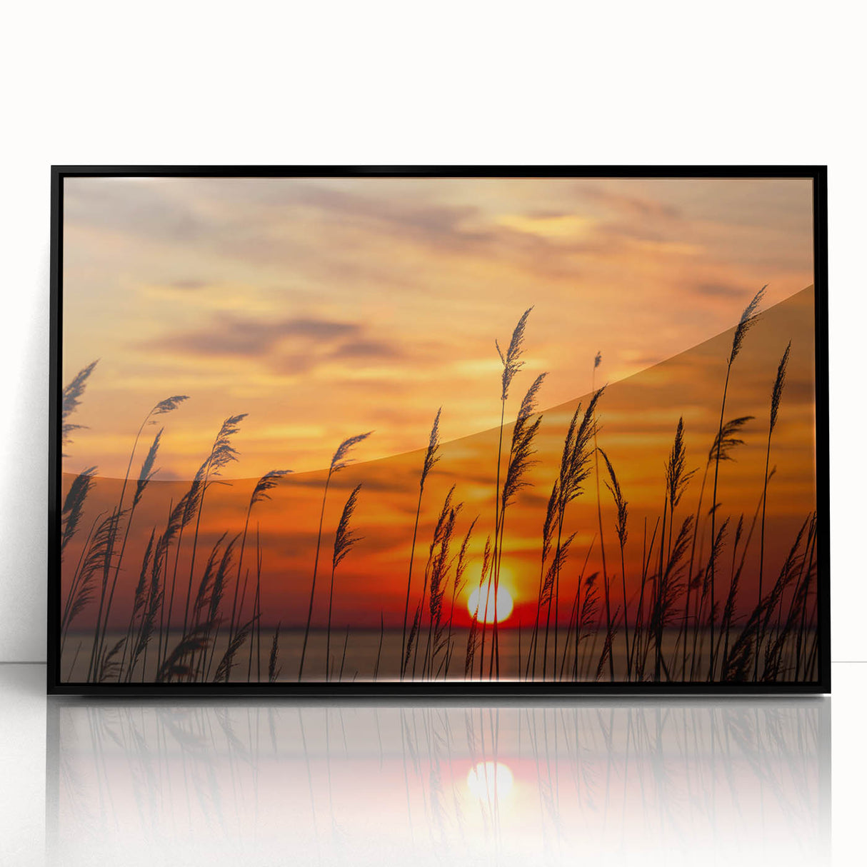 Large abstract wall art depicting the Chesapeake Bay in muted blues and greens, framed in black acrylic.