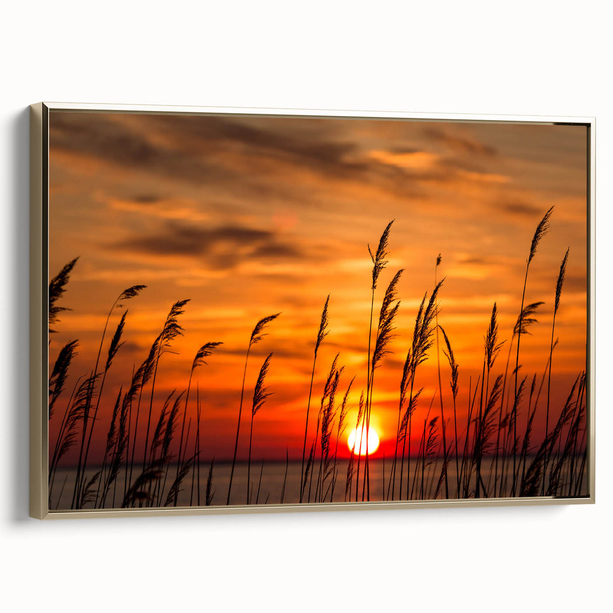 Framed canvas depicting a vintage-style landscape of Chesapeake Bay in muted gold and black tones.