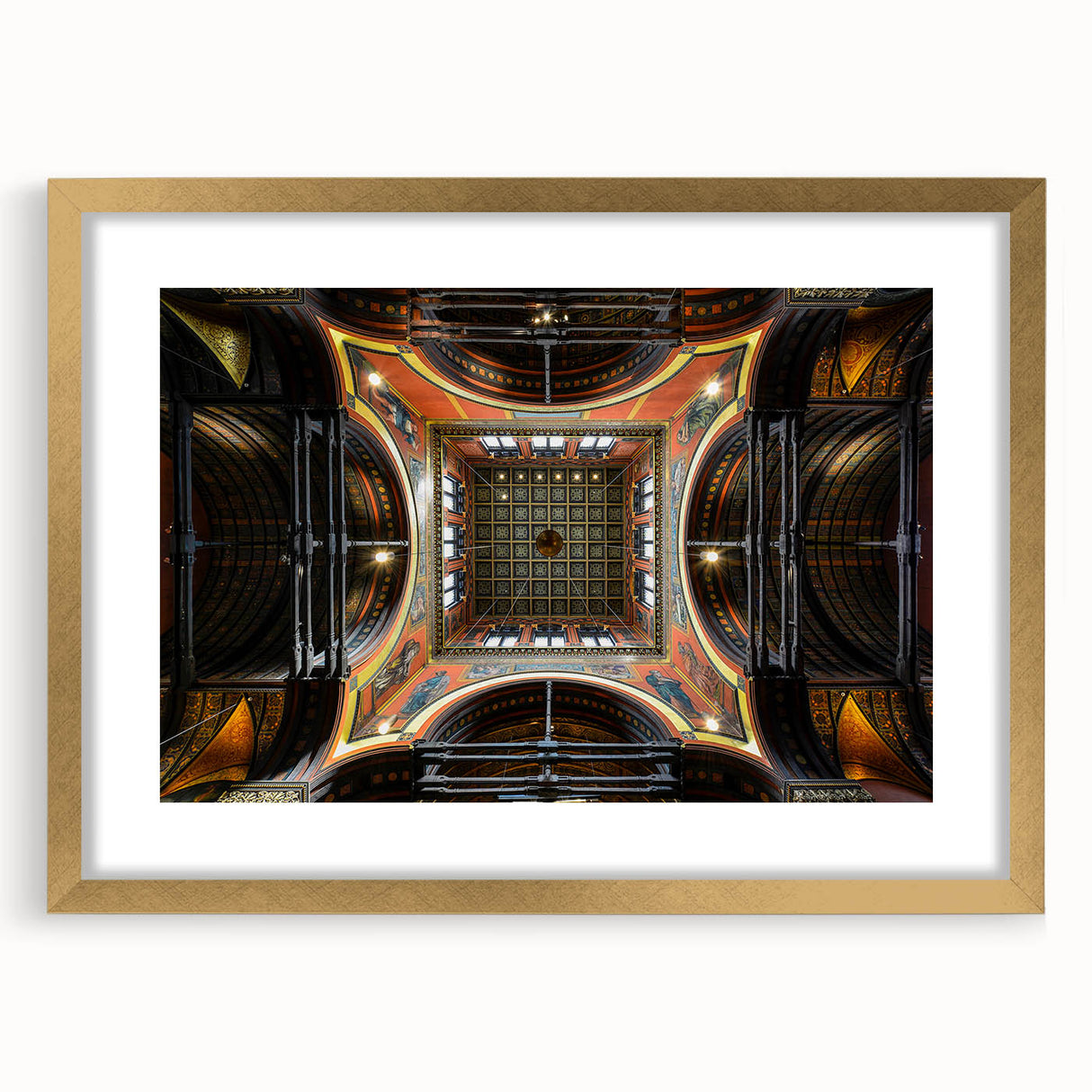 Extra large abstract art print of Boston skyline in muted earth tones on a framed canvas, ideal for living room decor.