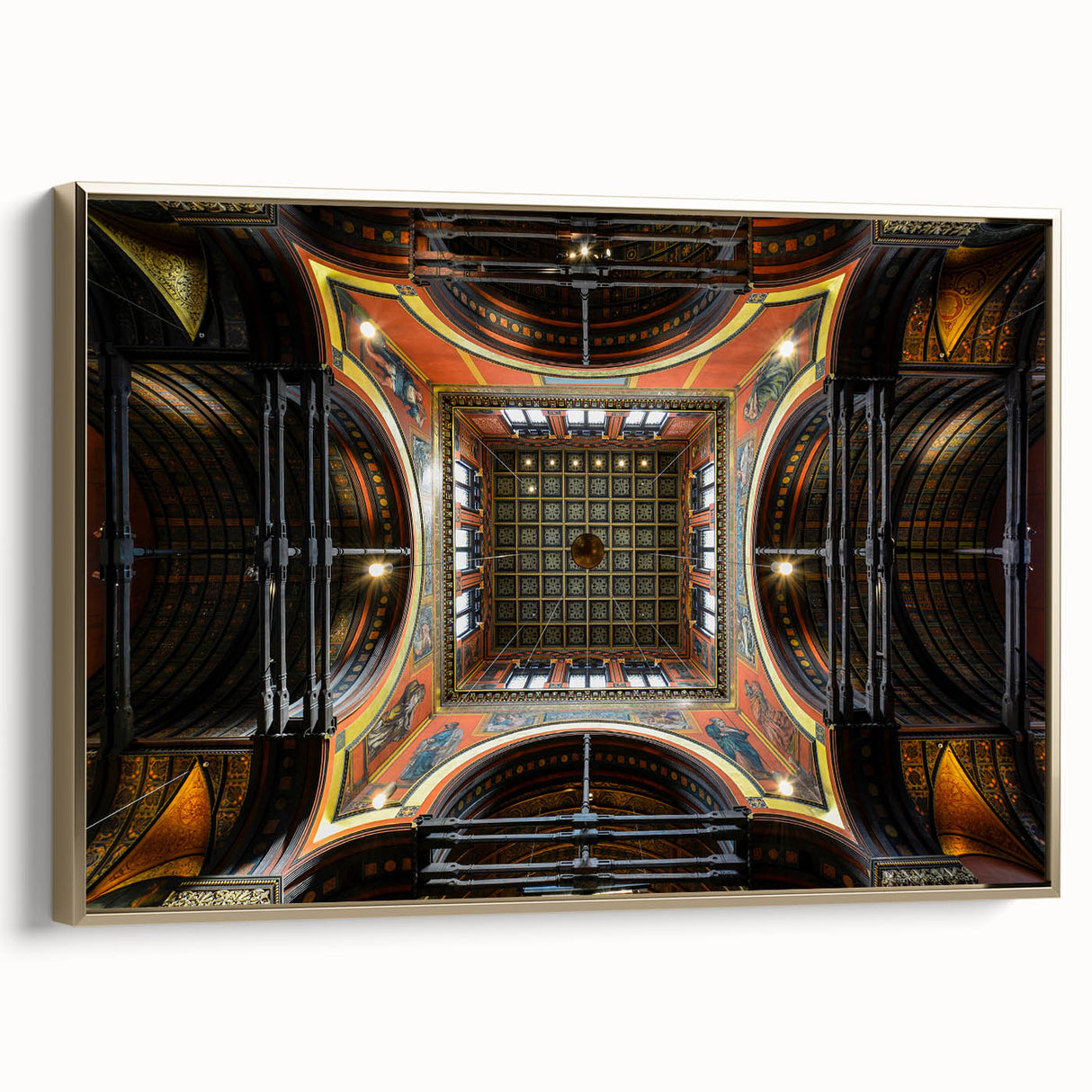Framed canvas wall art featuring a vintage poster art style landscape of Boston, with black and gold tones.