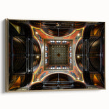Framed canvas wall art featuring a vintage poster art style landscape of Boston, with black and gold tones.
