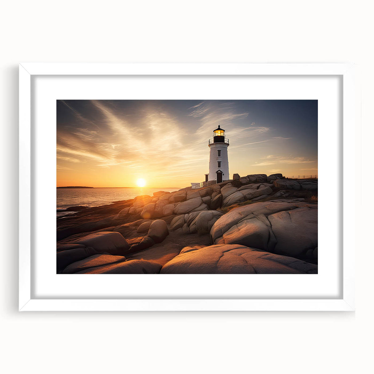 Abstract art print of Massachusetts Cape scenery in muted blues and greens on a framed white mat.