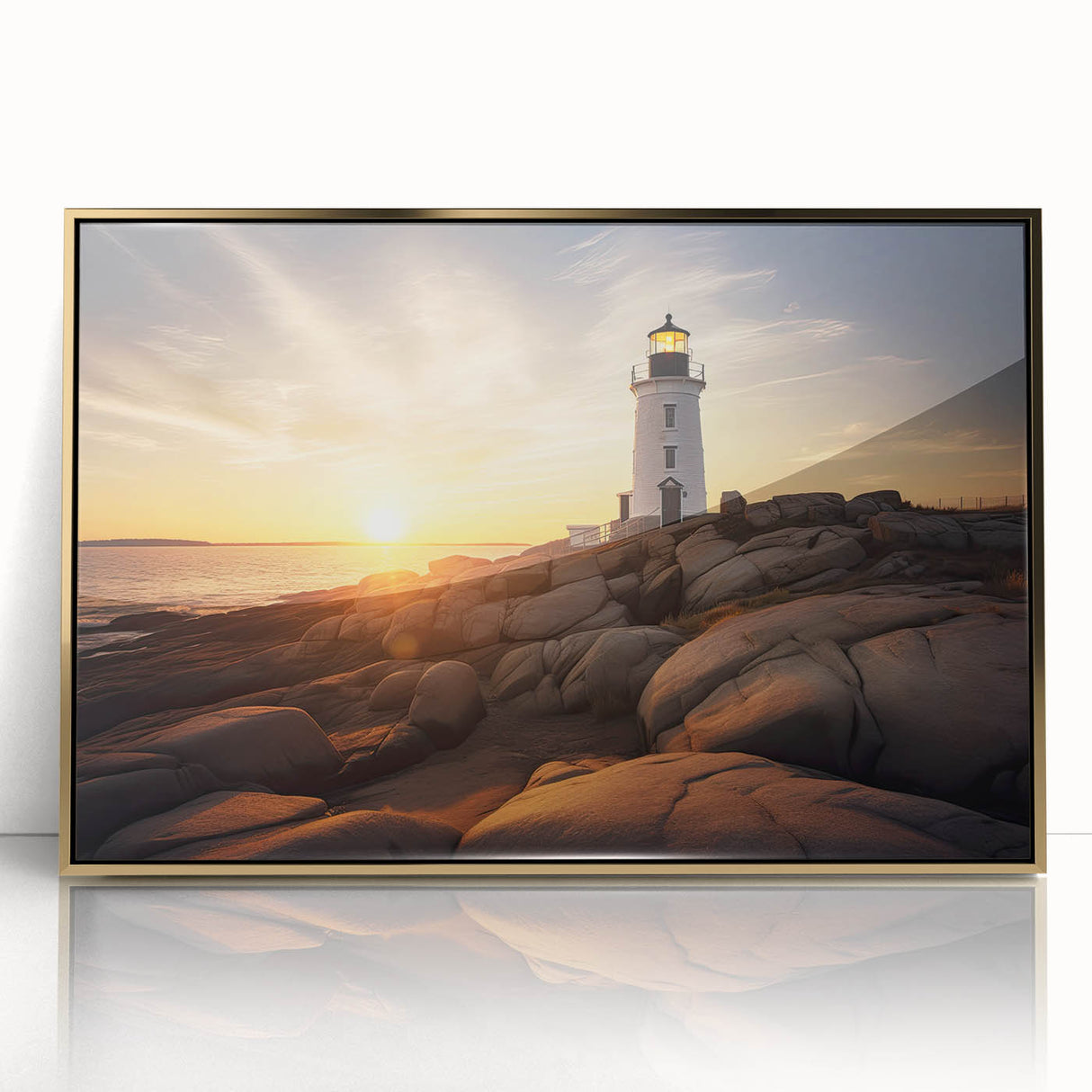 Large acrylic print of Cape Cod scenery in gold frame, featuring mid-century modernist style, ideal for nursery wall decor.