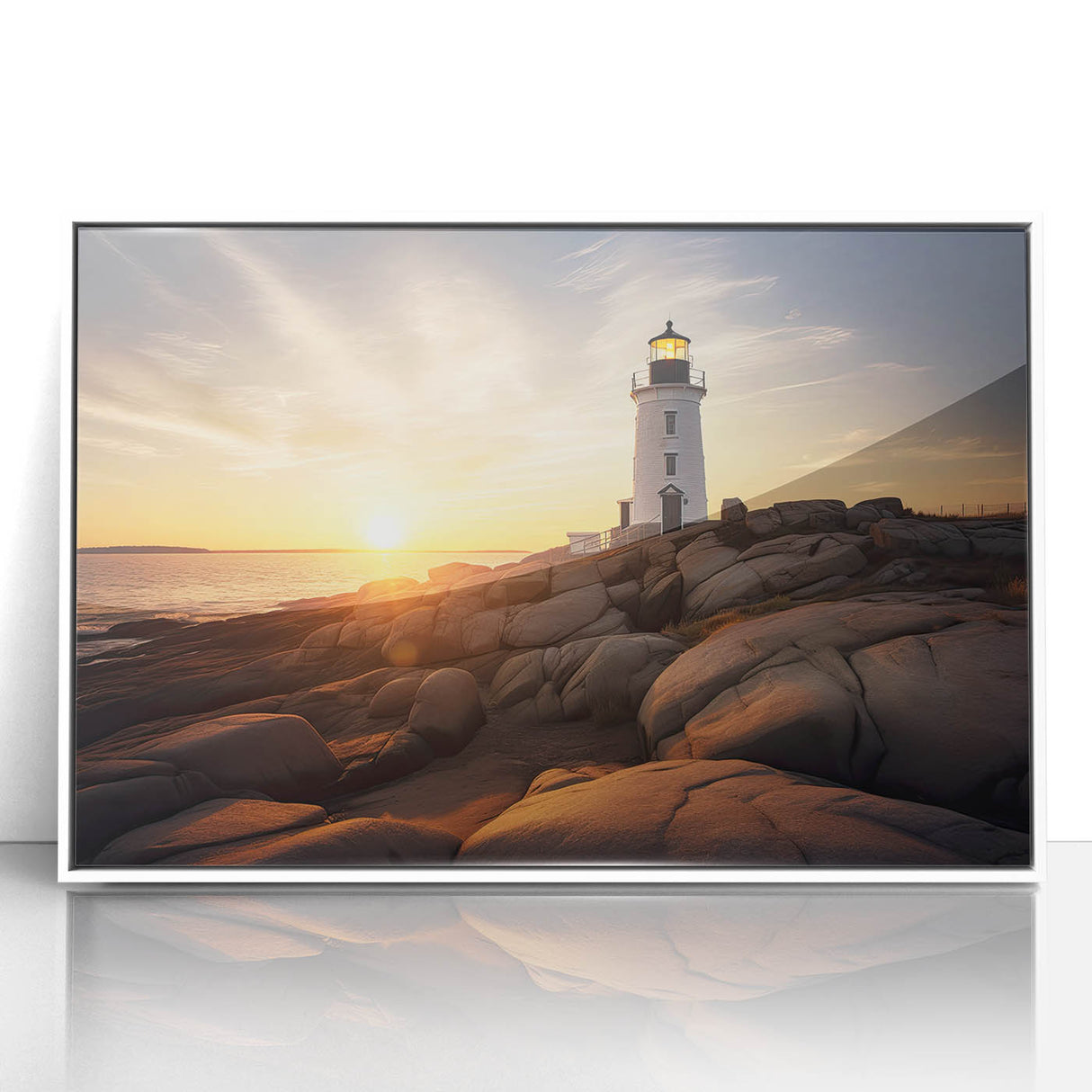 Art deco poster of Massachusetts Cape scenery in muted blue and white tones, acrylic framed, suitable for nursery wall art.