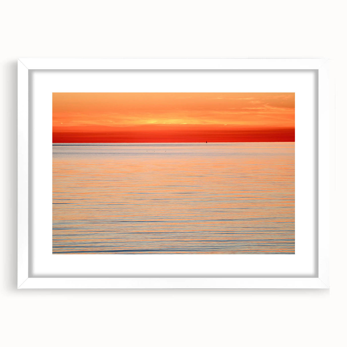 Abstract art print of Nantucket landscape in muted blue and gray tones on a framed white mat, ideal for dining room decor.