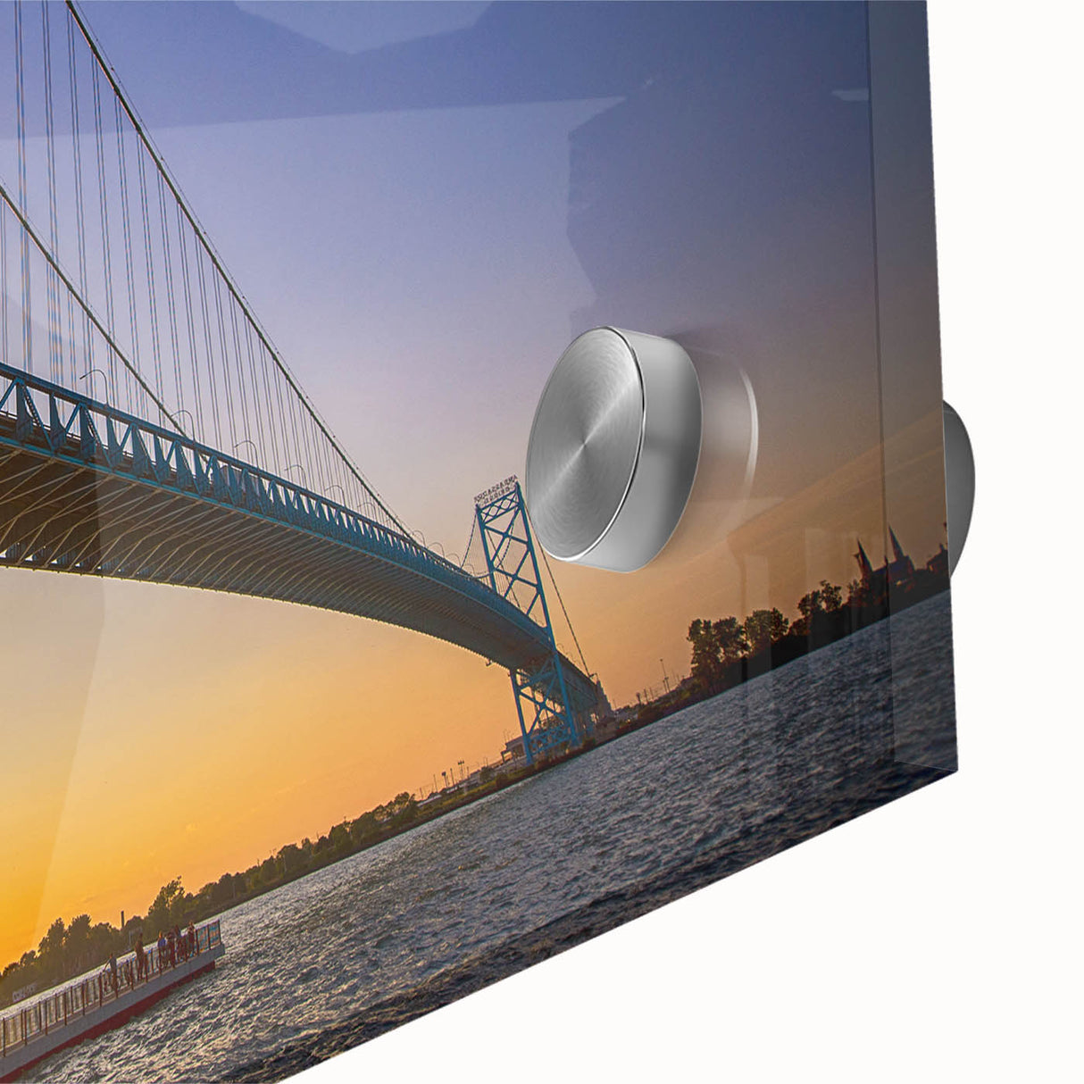 Large abstract wall art featuring Detroit skyline in muted gray and blue tones on acrylic glass.