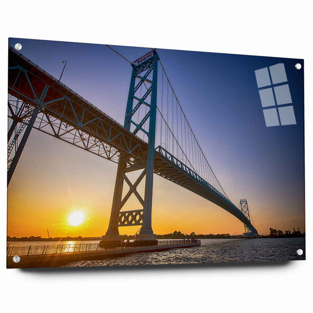 Large abstract wall art of Detroit skyline in muted gray and blue tones on acrylic glass, ideal for dining room decor.