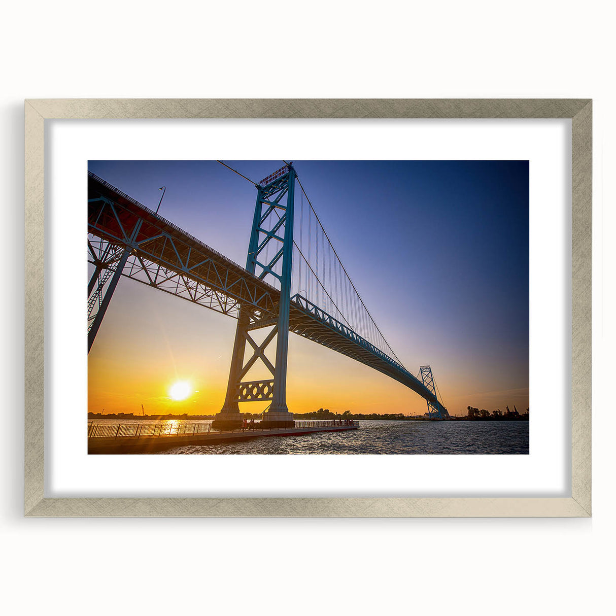 Textured abstract art print of Detroit skyline in muted gray tones on a silver-framed mat, ideal for modern bedroom ambiance.