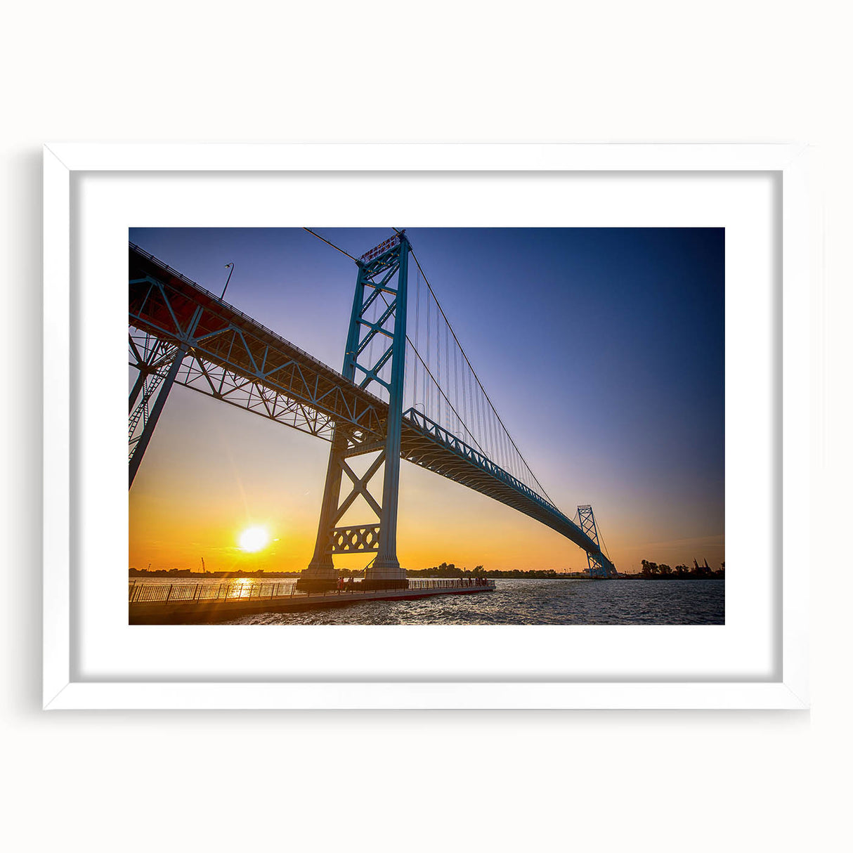Abstract art print of Detroit skyline in muted gray and blue tones on a framed white mat, ideal for dining room decor.