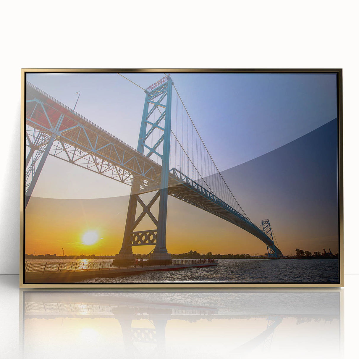 Mid-century modernist art of Detroit skyline in gold and black hues on framed acrylic, suitable for modern art wall decor.