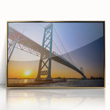 Mid-century modernist art of Detroit skyline in gold and black hues on framed acrylic, suitable for modern art wall decor.