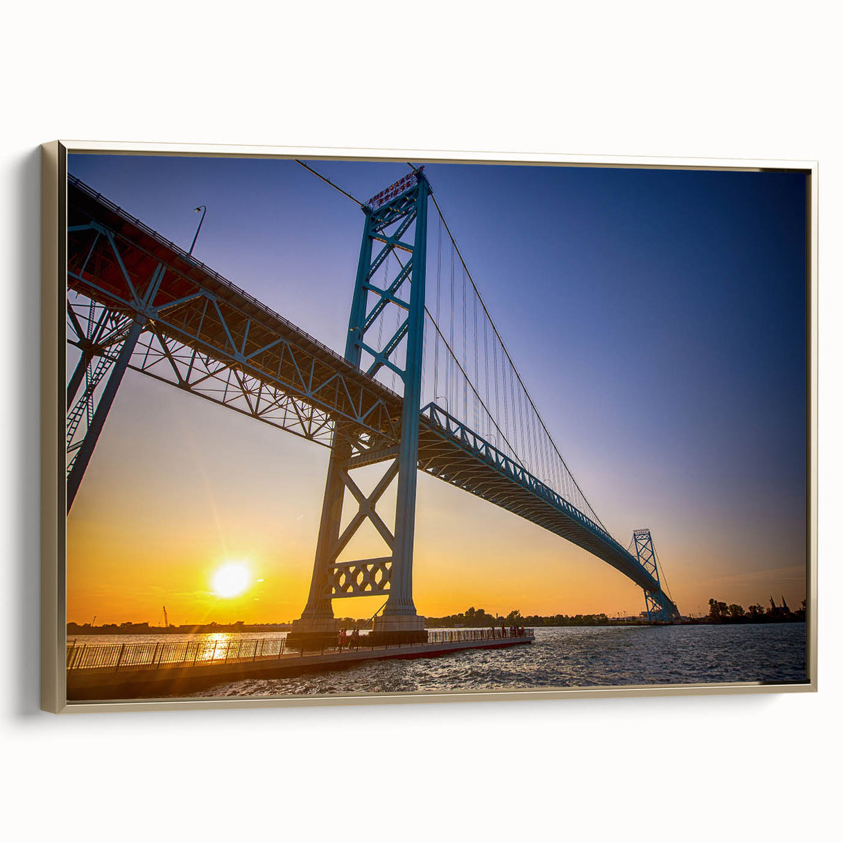 Framed canvas featuring a vintage-style landscape of Detroit, Michigan in muted gold and black tones.