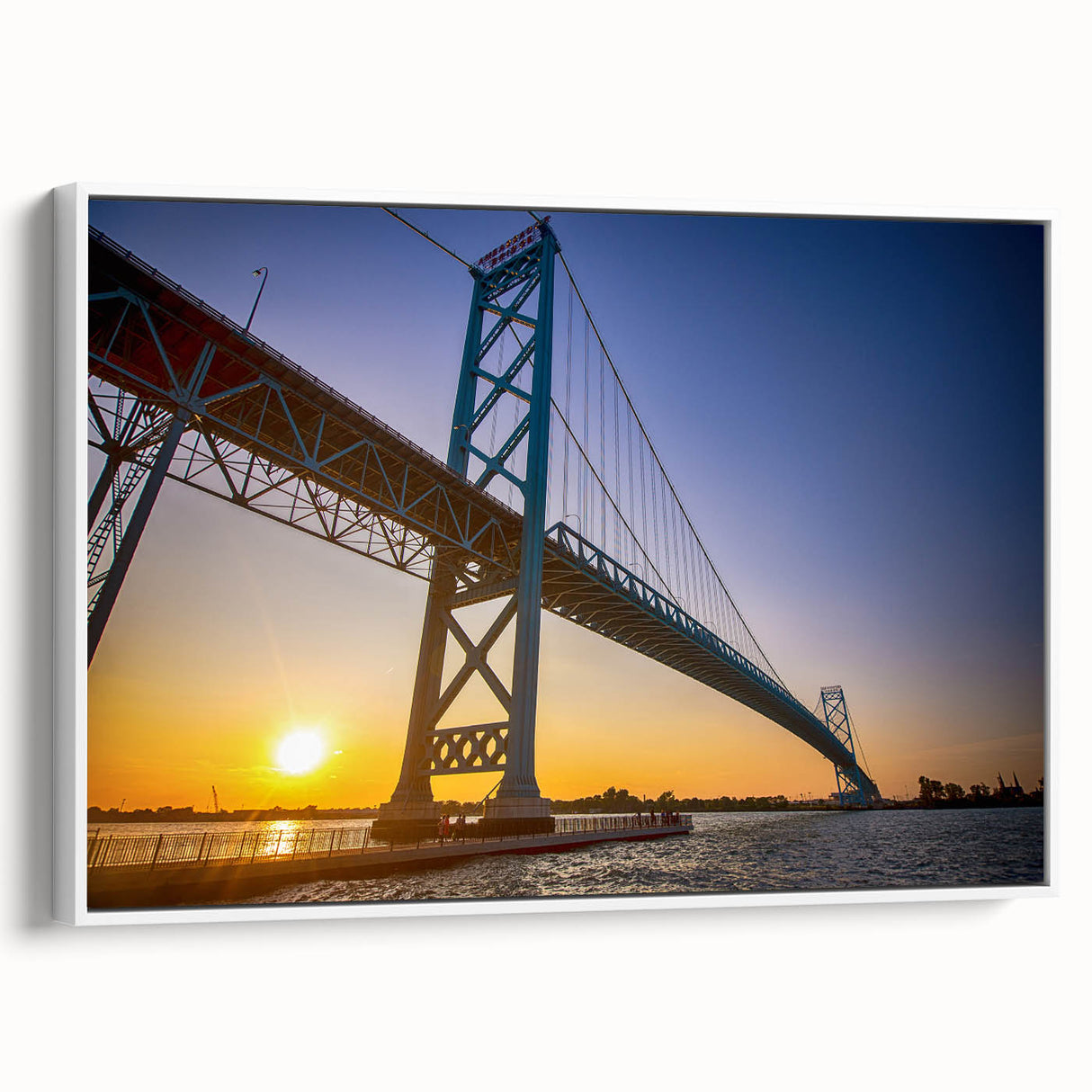 Vintage poster art of Detroit skyline in colorful hues on extra large framed canvas, ideal for living room decor.
