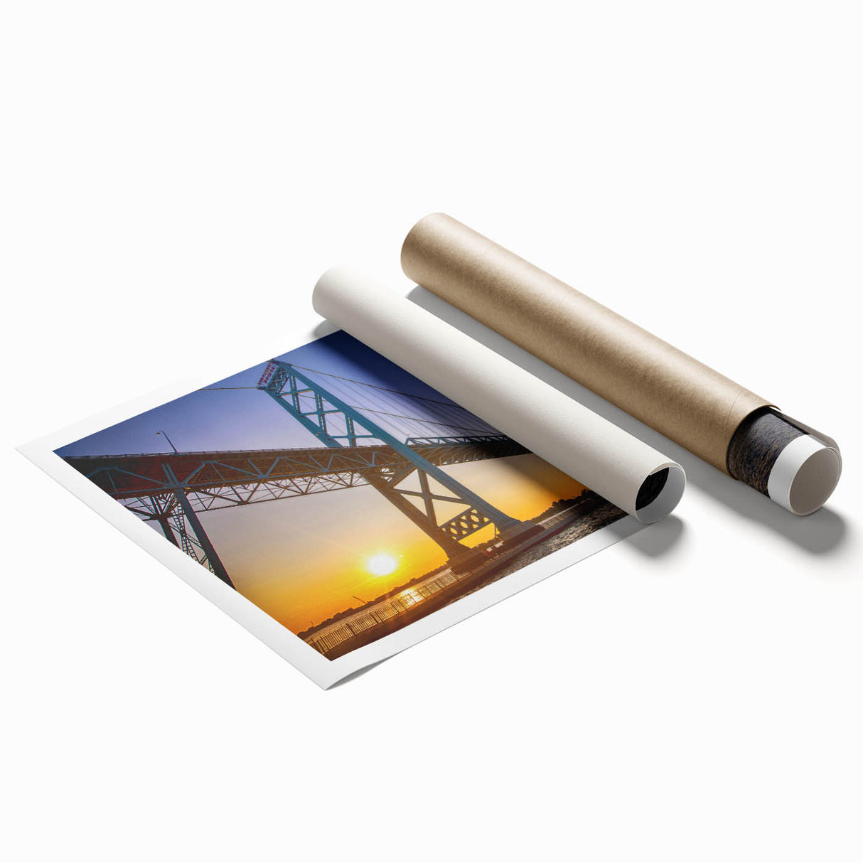 Extra large rolled print of Detroit skyline in muted gray and blue tones, suitable for classy bathroom wall art.