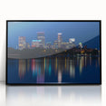 Large abstract wall art of Minneapolis skyline in black and white, acrylic print in a black frame.