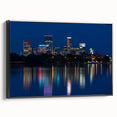 Black and white framed canvas of Minneapolis landscape, ideal for bedroom wall art.